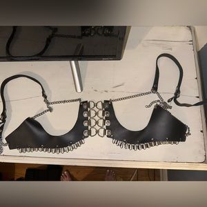 Bdsm open chest real leather and chain harness bra